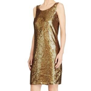 NWT Lauren Ralph Lauren Sequin Shift Dress Size 4 Gold Designer Glam Retail $295